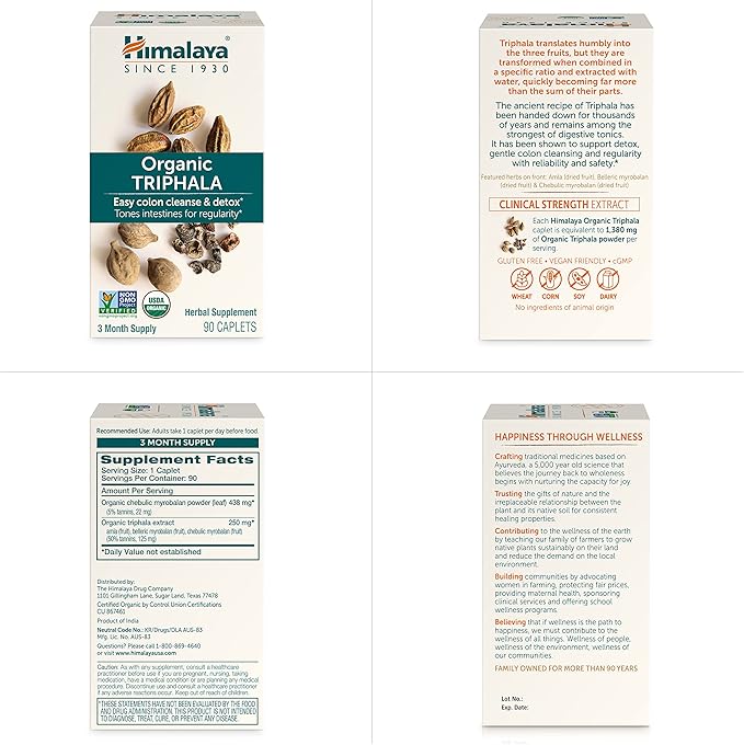 Himalaya Organic Triphala, Colon Cleanse & Digestive Supplement for Occasional Constipation, 688 mg, 90 Caplets, 2 Month Supply