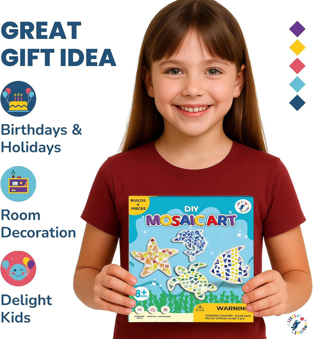 Little Jupiter DIY Mosaic Kit - Builds 4 Different Sea Mosaic Art Pieces - The Perfect Arts and Crafts for Girls and Boys Ages 8-12 - Kids Art Set Activity for Birthdays, Christmas, Holidays, & More