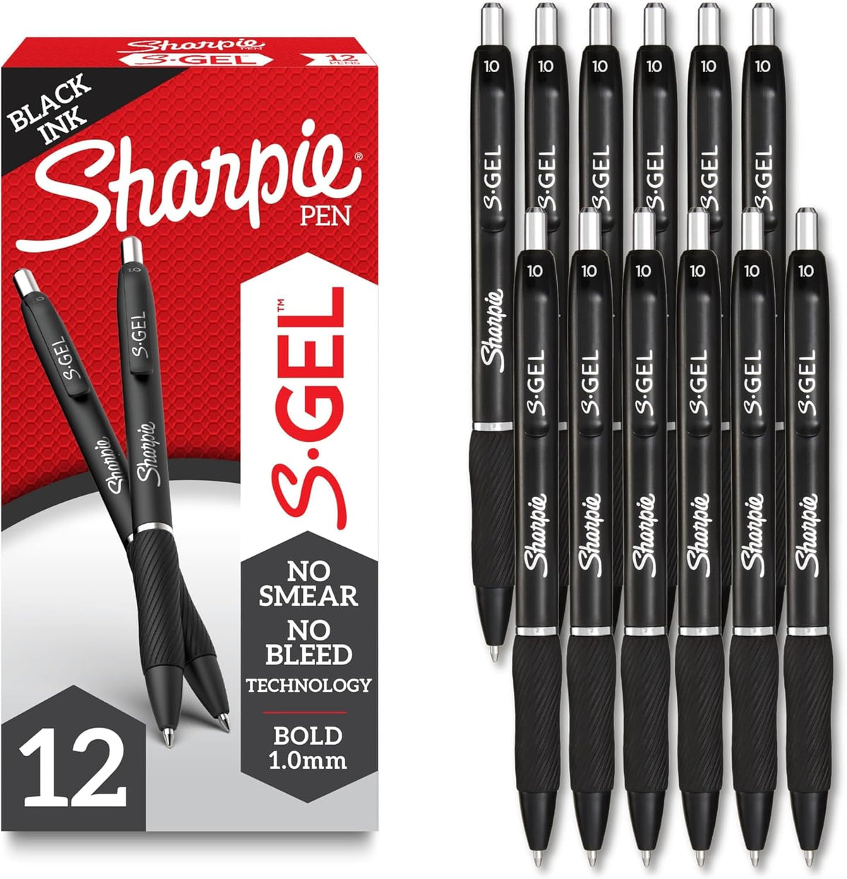 Sharpie S-Gel Gel Pens, Bold Point (1.0mm), Black Ink, Smear-Resistant, 12 Count - Smooth Writing, Back to School Essentials, Office Supplies