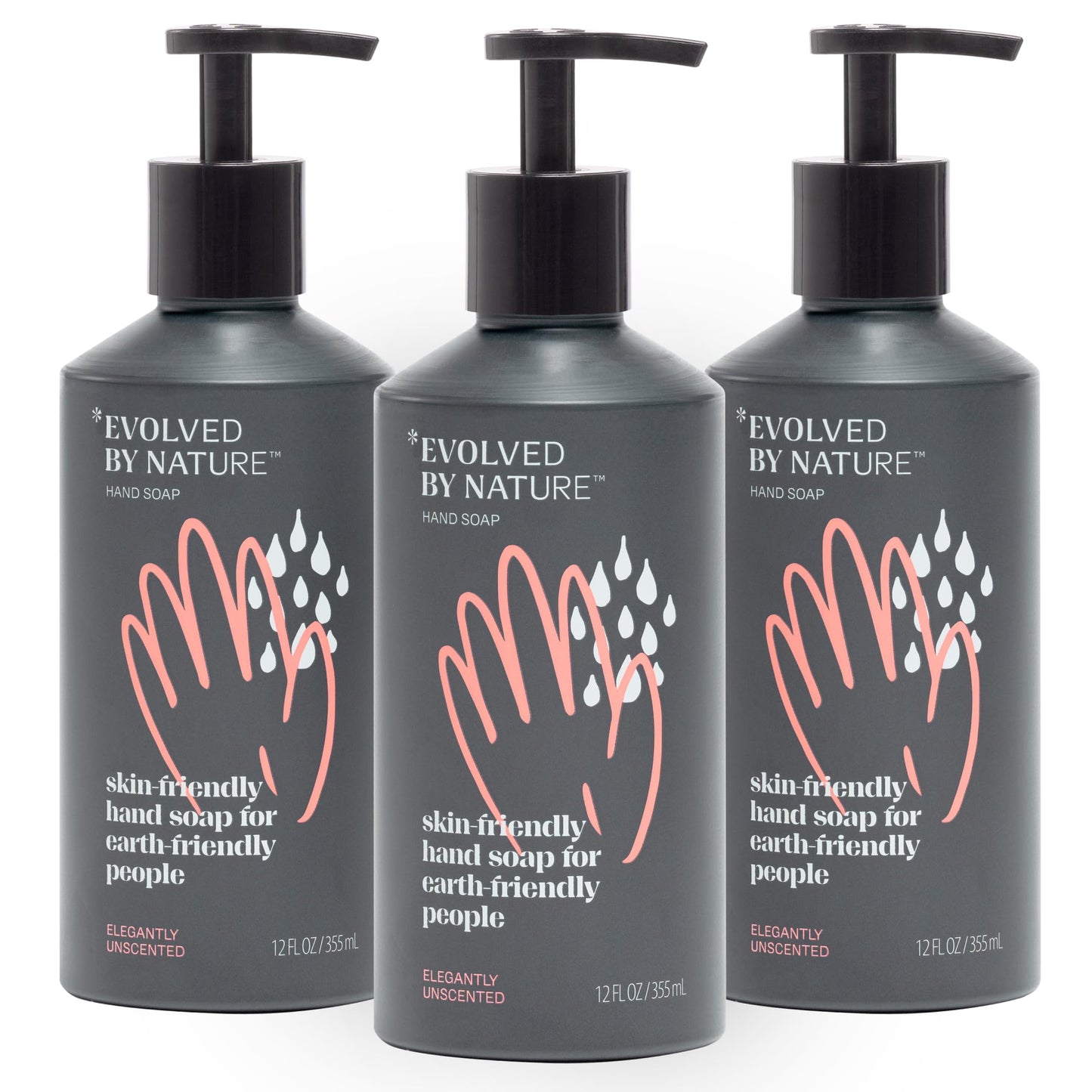 Evolved By Nature Liquid Hand Soap, 12 Oz (Charcoal, Pack Of 3), Unscented- Biodegradable Formula