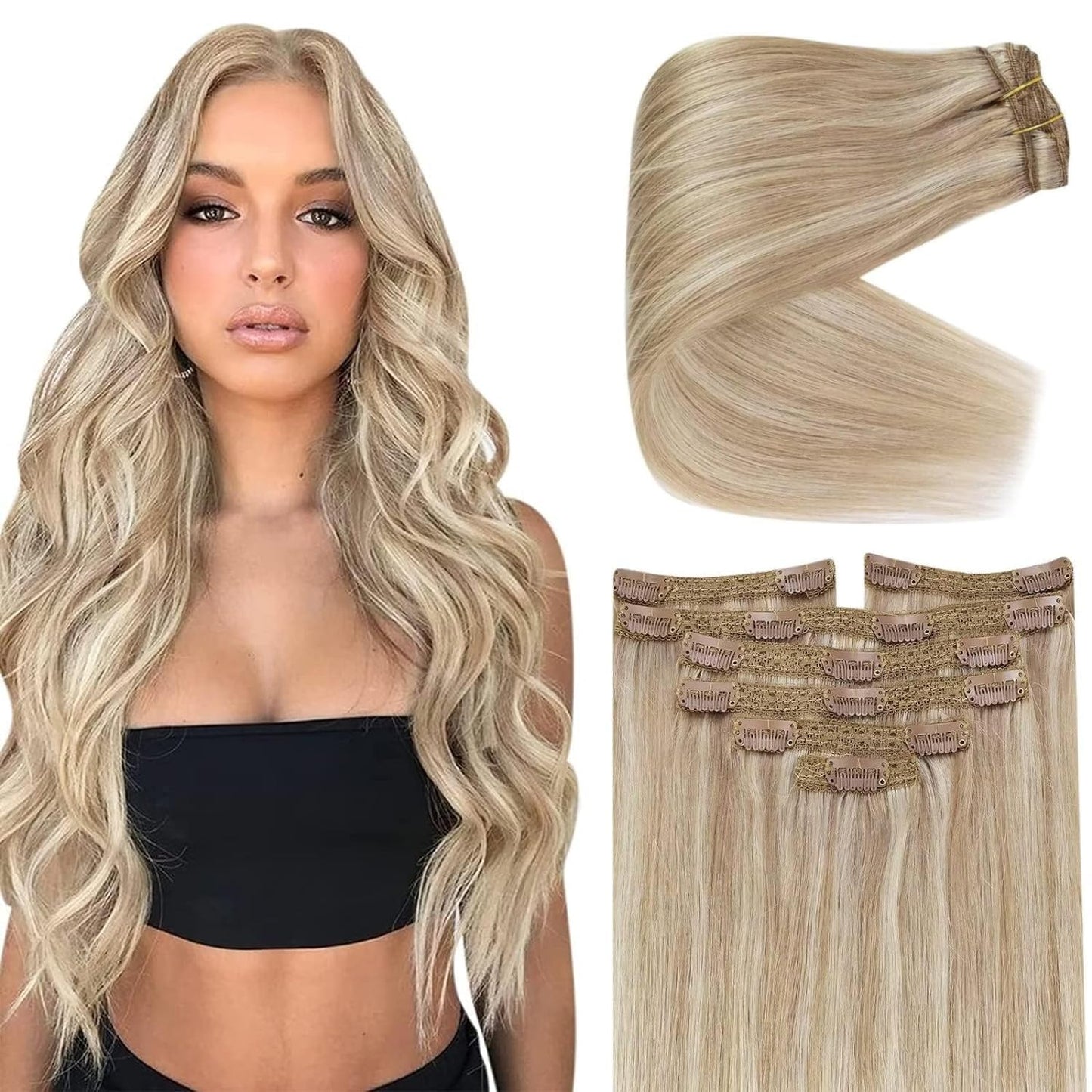 Ve Sunny Blonde Clip In Hair Extensions Highlight Ash Blonde Real Human Hair 20 Inch Blonde Hair Extensions Seamless Remy Hair F