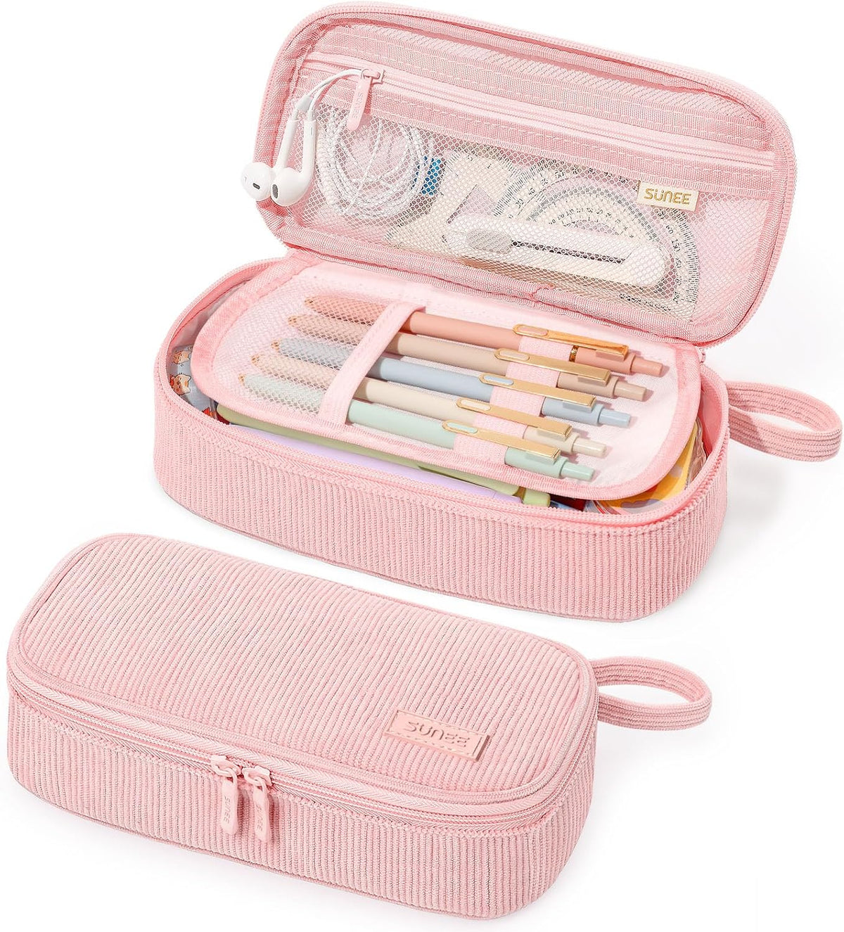 SUNEE Cute Pencil Case, Soft Corduroy Large Capacity Pencil Pouch, Aesthetic Zipper Pencil Bag, Big Storage Pen Organizer for Stationery, Pencil Box Back to School Supplies for Teen Girls Boys, Beige
