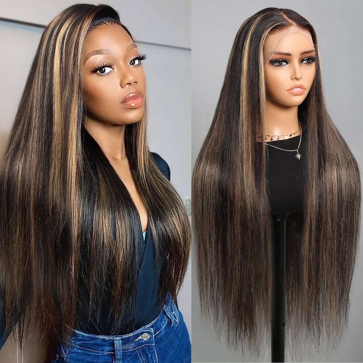 Superlook Real Bleached Knots Highlight Lace Front Wigs Human Hair 240% Density Balayage Glueless Wigs Human Hair 32 Inch 13X4 O
