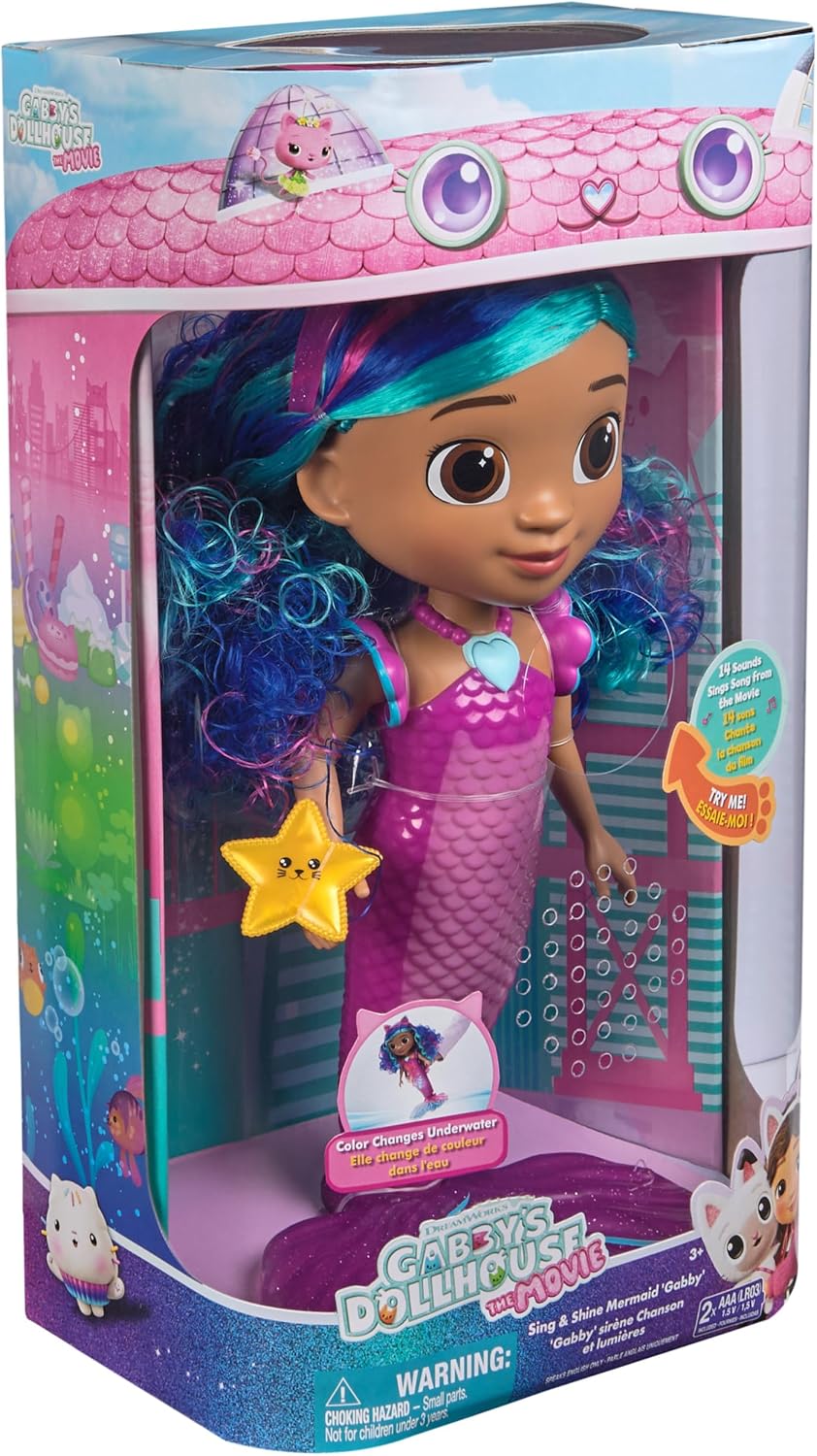 DreamWorks GABBY'S Dollhouse The Movie, Sing & Shine Mermaid Gabby, Waterproof Mermaid Doll with Lights & Sounds, Kids Toys for Girls & Boys Ages 3 and Up