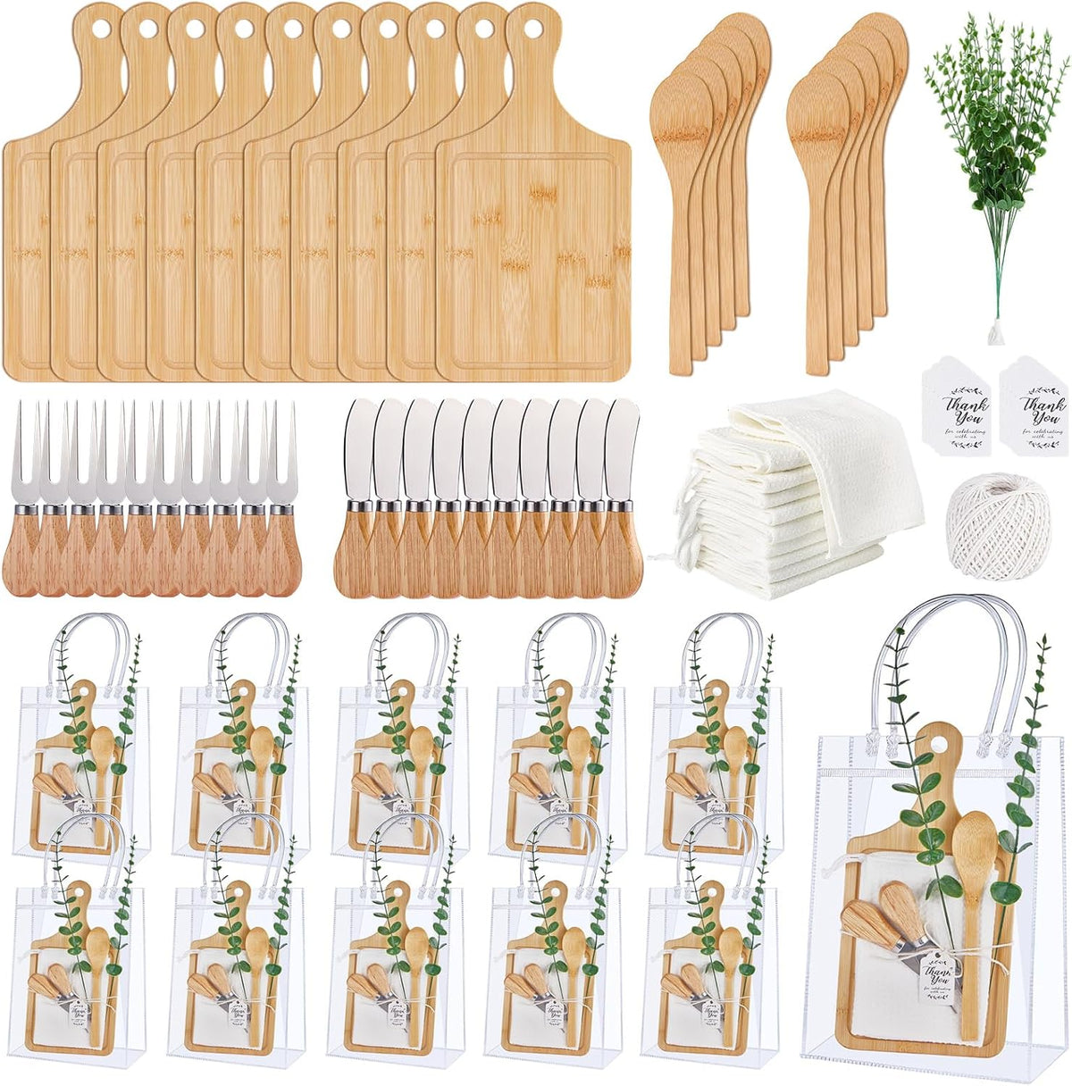 55Pcs Baby Shower Prizes for Game Winners 6 Sets Bamboo Cheese Board Spoon Fork Butter Spreaders Plaid Towel Thank You Card and Gift Bags for Baby Shower Wedding Bridal Shower Favors