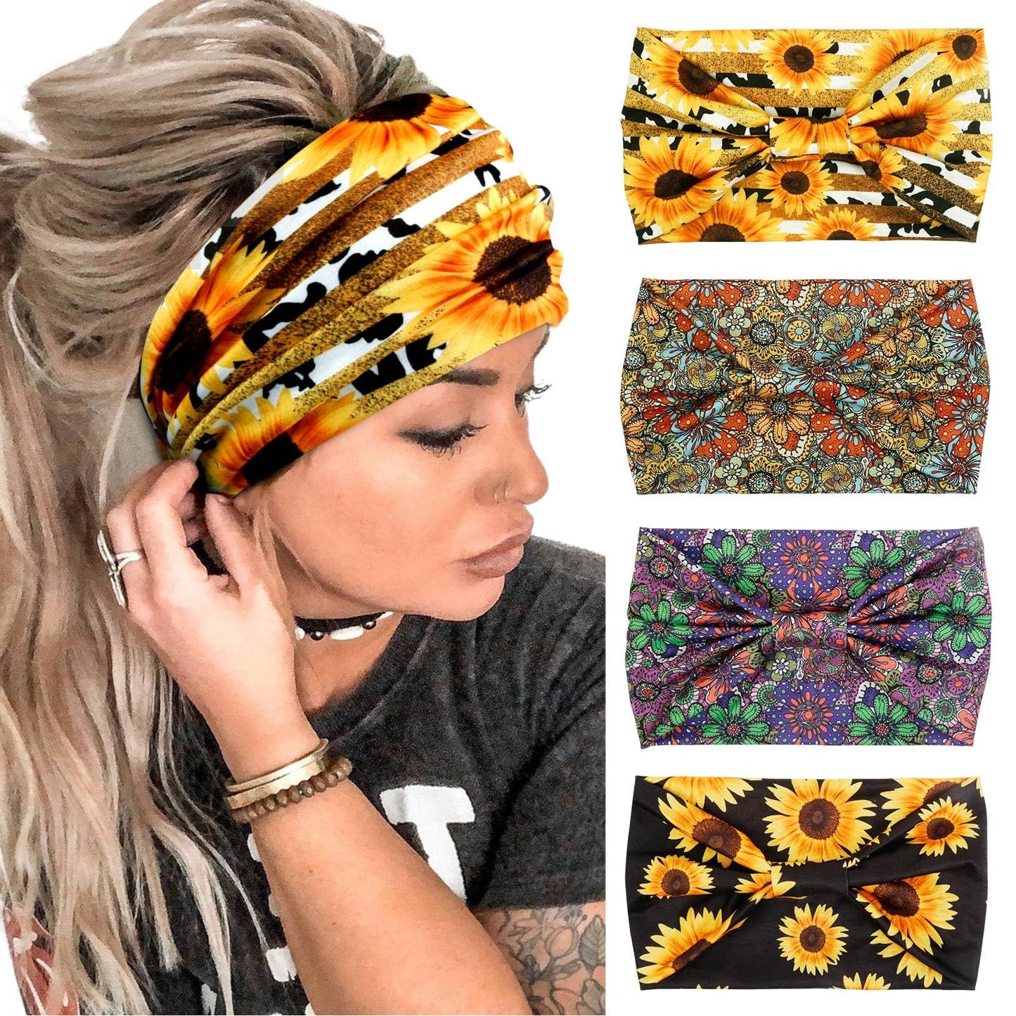 Huachi 4 Packs Boho Headbands For Women Wide Sunflower Thick Head Bands For Women'S Hair Flower Printed Elastic Hairbands Large