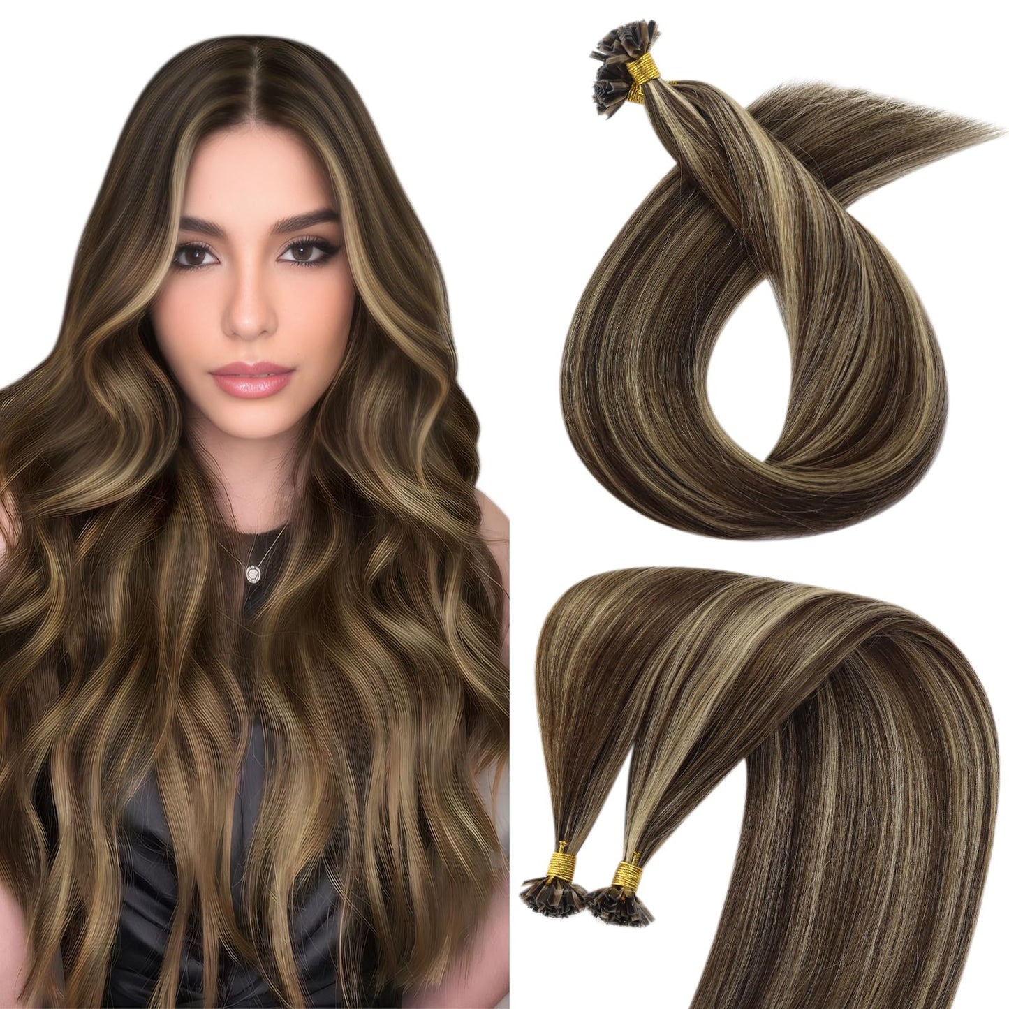 Sunny Hair Brown Highlight K Tip Hair Extensions Real Human Hair Keratin Ktip Human Hair Extensions Medium Brown Highlight Caram