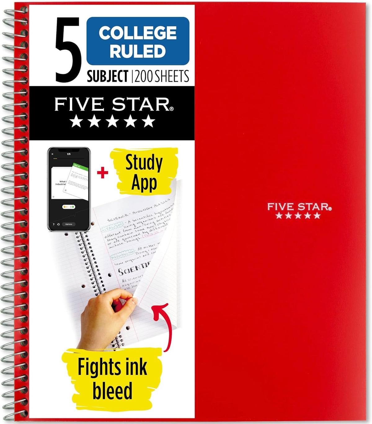 Five Star Spiral Notebook + Study App, 5 Subject, College Ruled Paper, 8-1/2" x 11", 200 Sheets, Fights Ink Bleed, Water Resistant Cover, Pacific Blue (73635)