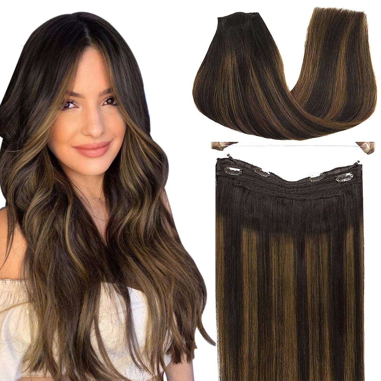 Goo Goo Wire Hair Extensions Human Hair, 2/6/2 Dark Brown With Chestnut Brown Balayage 20Inch 110G, Invisible Wire Hair Extensio