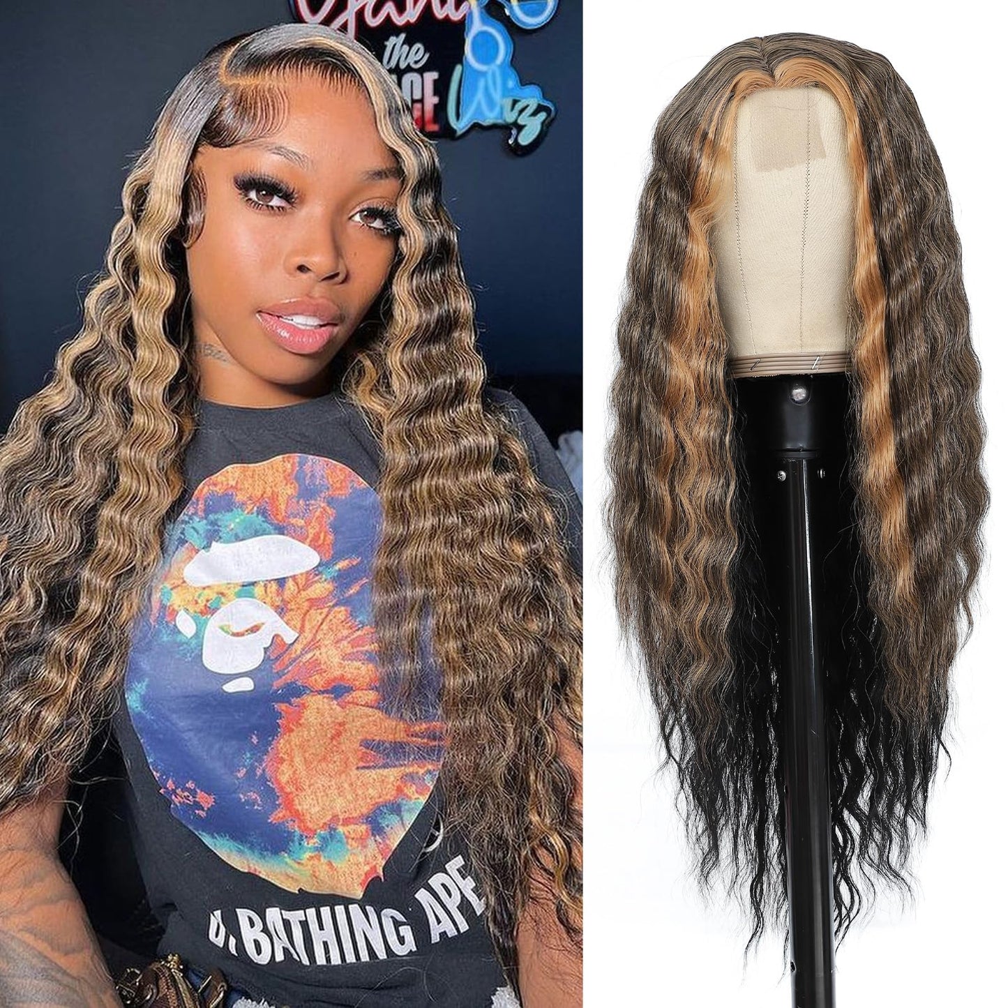 28 Inch Curly Highlight Wig Long Curly Synthetic Wigs For Black Women Light Brown Skunk Stripe Wig Side Part Loose Deep Wave Wig
