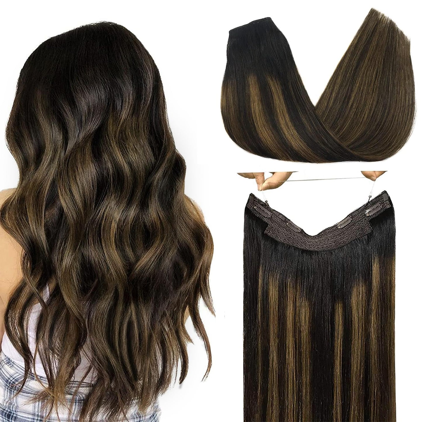 Goo Goo Wire Hair Extensions Human Hair, 1B/6/1B Natural Black With Chestnut Brown Balayage 16Inch 95G, Invisible Wire Hair Exte