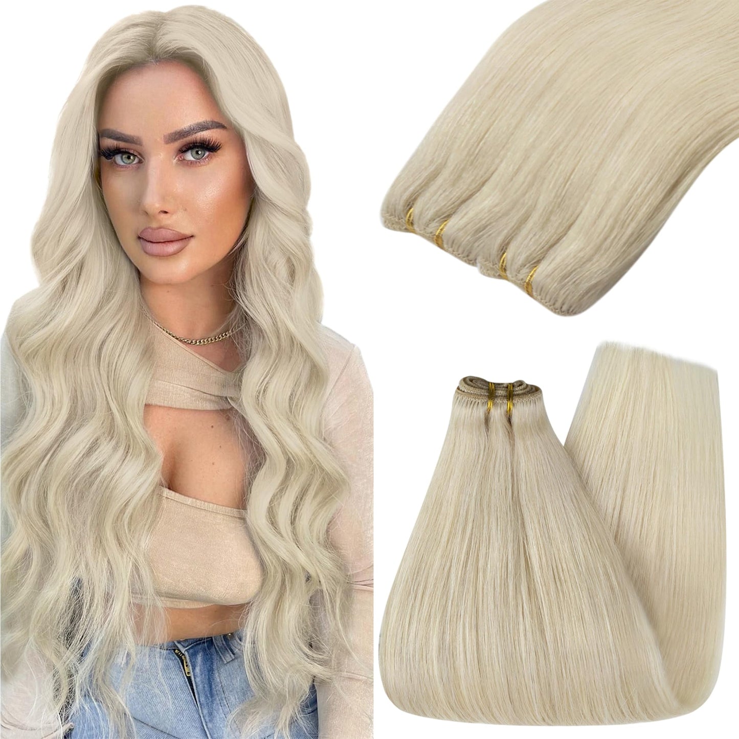 Youngsee Sew In Hair Extensions Blonde Straight Weft Extensions Human Hair Platinum Blonde Soft And Smooth Hair Extensions Real