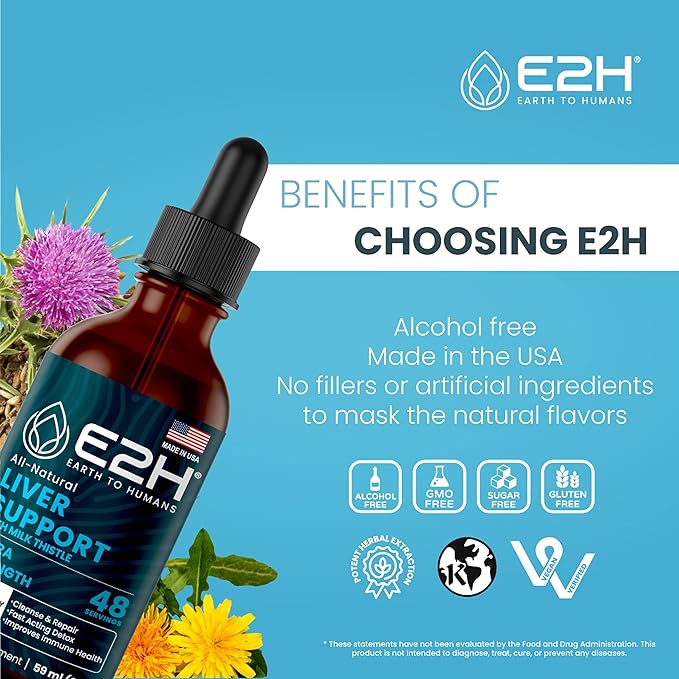 E2H Liver Support Supplement with Milk Thistle - Liver Cleanse Detox & Repair - Artichoke Extract, Dandelion Root, Chanca Piedra, and More - Absorbent Liquid Formula (3 Bottles)
