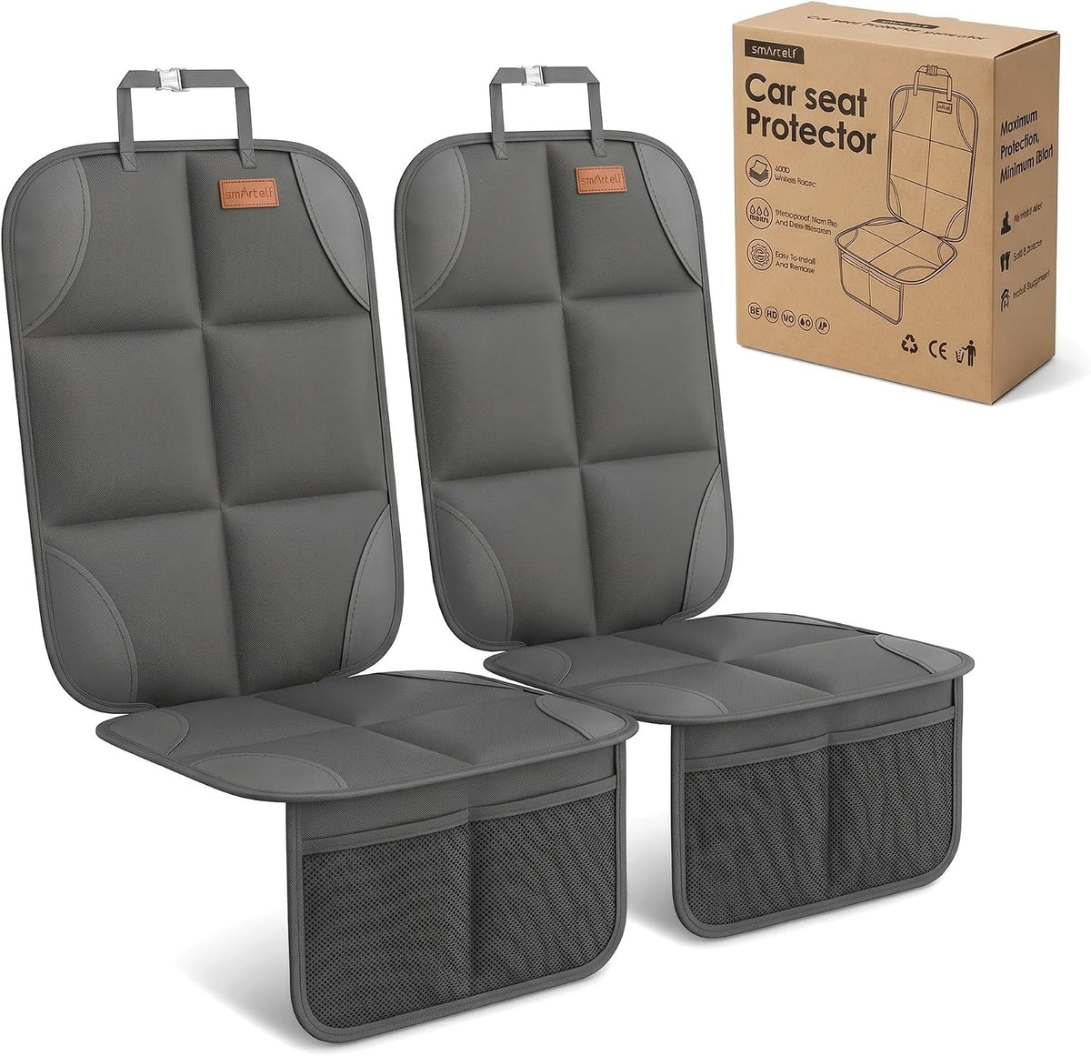 SMART ELF Car Seat Protector, 2Pack Seat Protector Protect Child Seats with Thickest Padding and Non-Slip Backing Mesh Pockets for Baby and Pet,Sedan SUV Truck (Black)