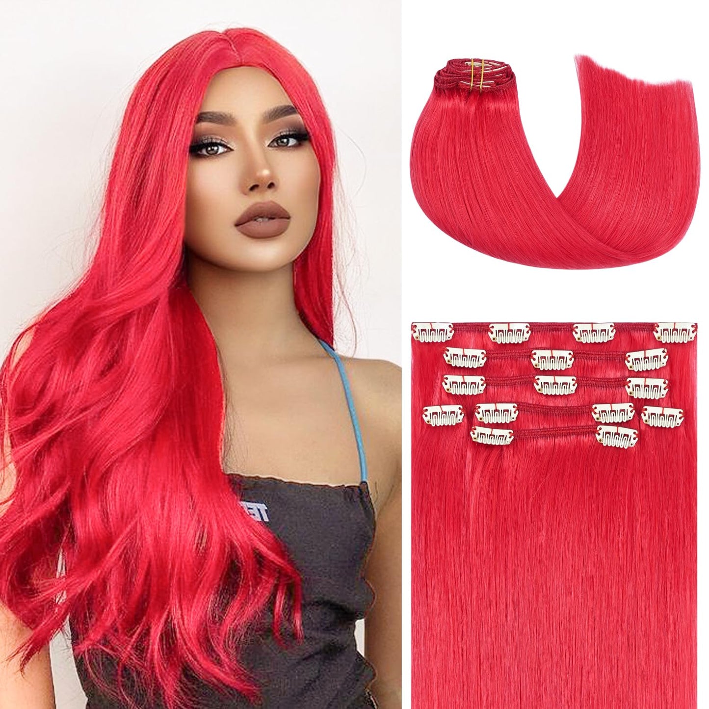Honsoo Red Seamless Hair Extensions Clip In Real Human Hair Colorful Hair Extensions 12Inch 70G 7Pcs Straight Silky Hair Extensi