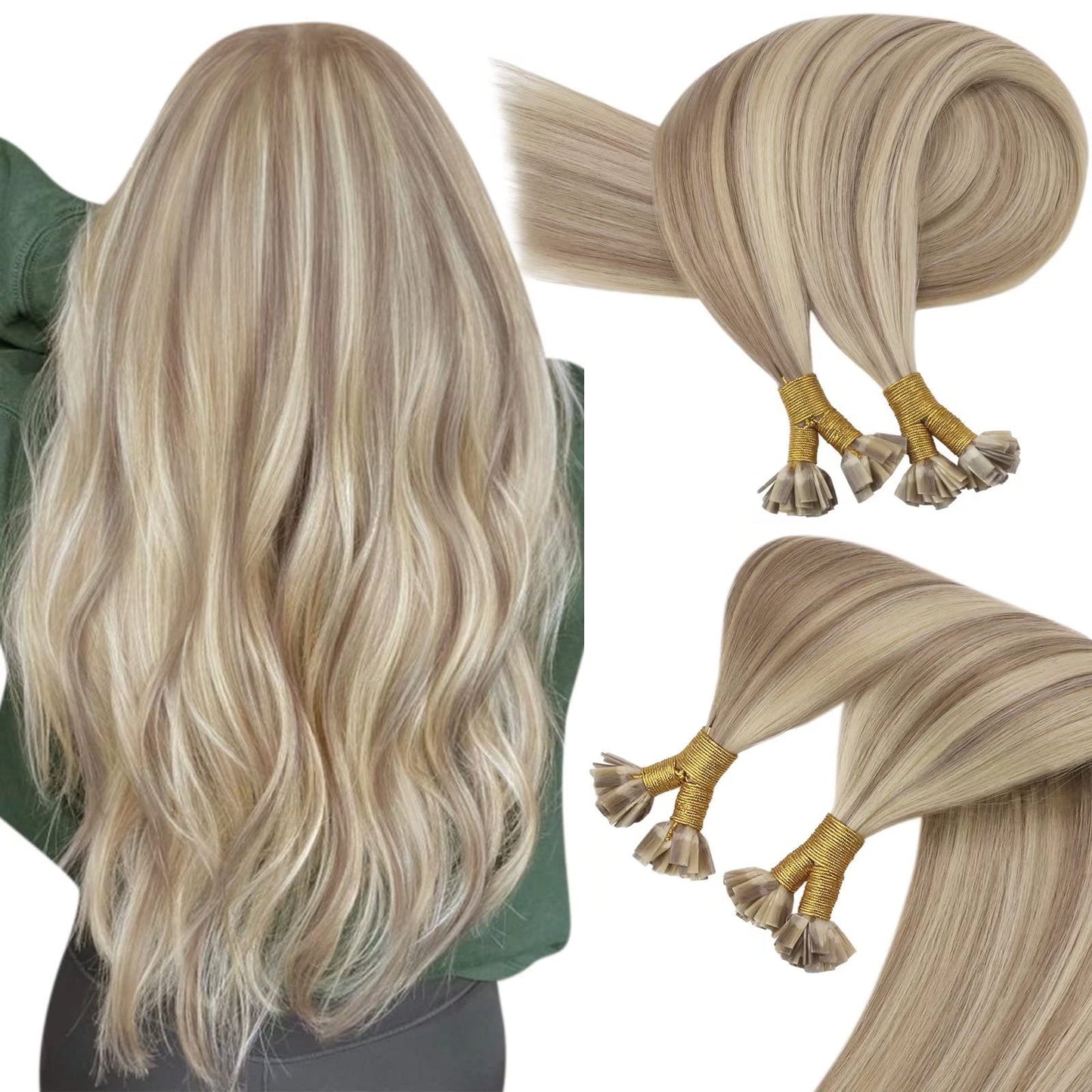 Sunny Hair Keratin Hair Extensions Golden Blonde Flat Tip Hair Extensions Human Hair Ash Blonde Highlight Golden Blonde Flat Tip