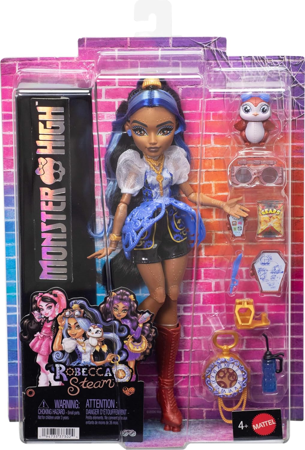 Monster High Doll, Robecca Steam in Blue Blouse and Black Shorts with Pet Penguin Captain Penny and 7 Accessories Like Flying Goggles and Purse