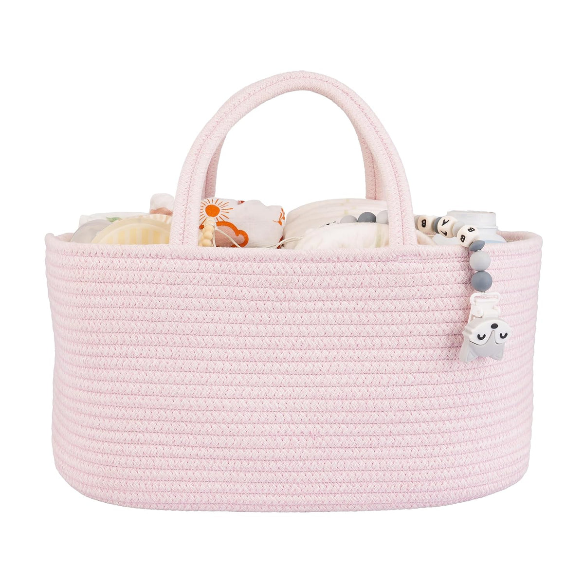 XUANGUO Pink Cotton Rope Baby Diaper Caddy Organizer Basket for Girls | Nursery Storage Bin, Portable Baby Tote Bag for Changing Table or Car, Baby Shower Gifts Bag, Newborn Essentials, Registry