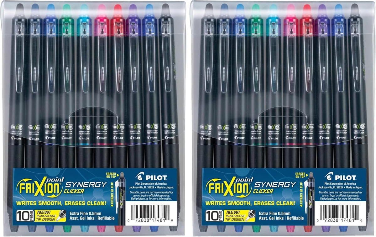 Pilot FriXion Synergy Clicker Erasable, Refillable, Retractable Gel Ink Pens, Extra Fine Point 0.5 mm, Pack of 5, Black Ink, FriXion Erasable Pens 0.5 - Ideal for School & Office Writing