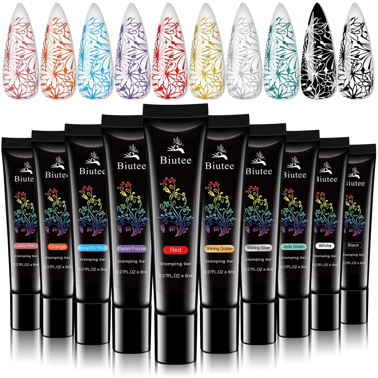 Seisso Nail Polish Gels Stamp, 10 Colors Stamping Gels White Black Purple Blue Green Glitter Golden/Silver For Nail Stamp Print