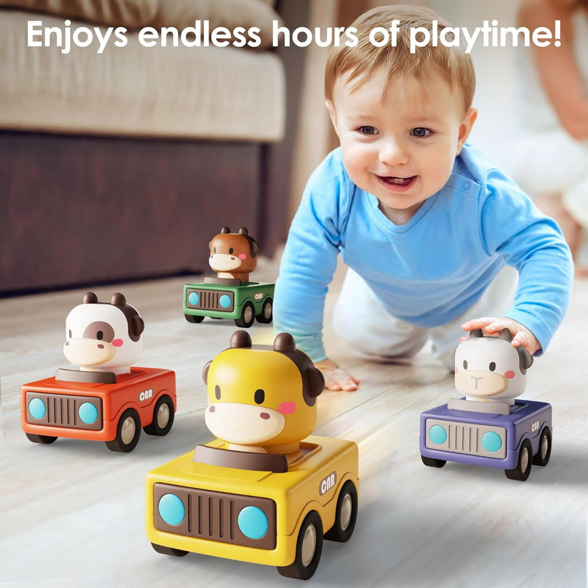iPlay Press to Go Car Toys for Toddlers 1-3 Years, Baby Animal Racing Cars, High-Quality ABS Materials, No Small Parts