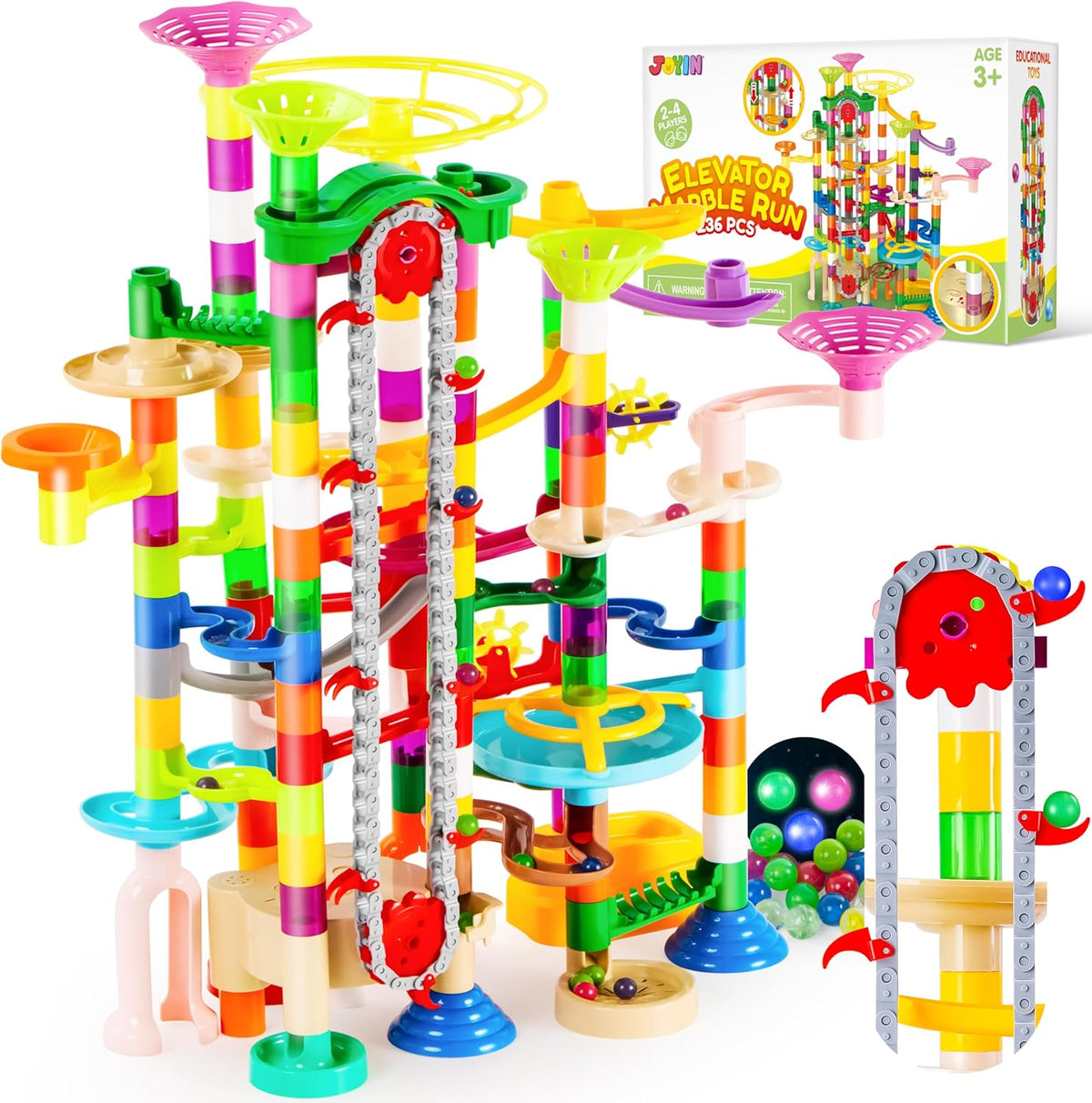 JOYIN 236Pcs Glowing Marble Run with Motorized Elevator- Construction Building Blocks Toys with 30 Glow in The Dark Plastic Marbles, STEM Toy for Boys and Girls, Birthday Gift, Easter Basket Stuffers