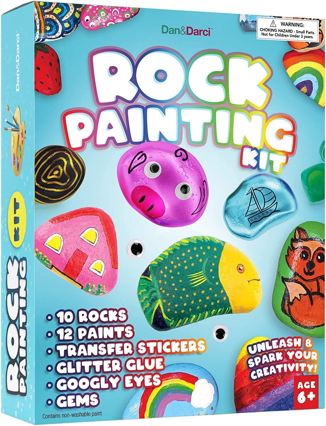 Dan&Darci kids' rock painting kit with glow-in-the-dark paints for creative art toys, ages 6-12.