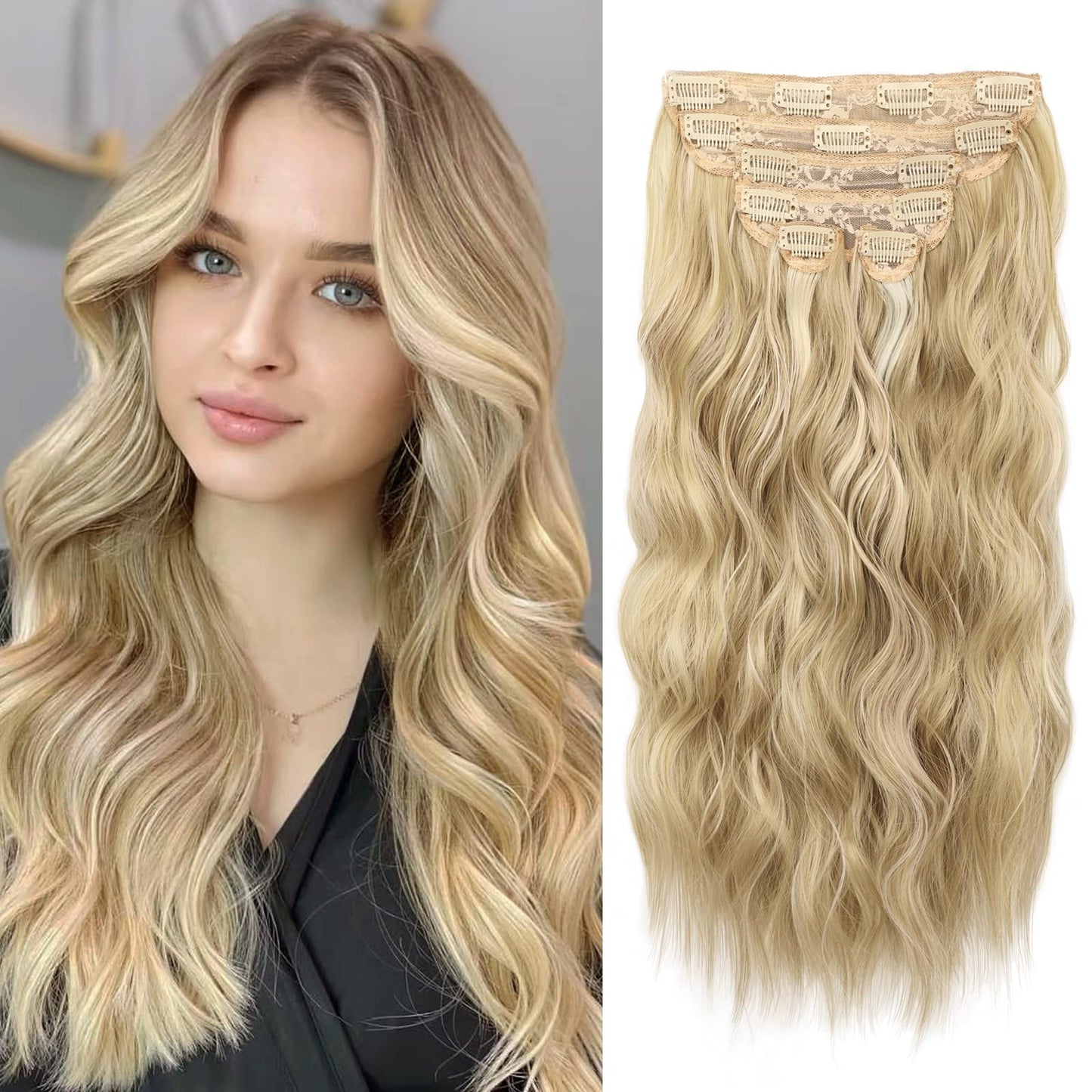 Wecan Clip In Hair Extension 20 Inch 6Pcs Dark Golden Mix Beige Blonde Highlights Long Wavy Hairpieces For Women Natural Thick S