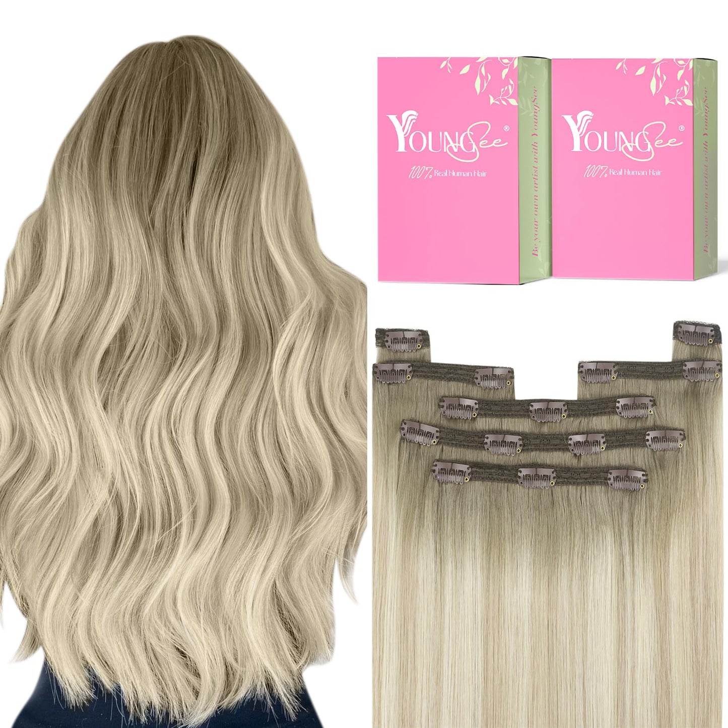 Youngsee Clip In Human Hair Extensions Blonde Clip On Hair Extensions Human Hair Ash Blonde Ombre Sunkissed Blonde Double Weft C