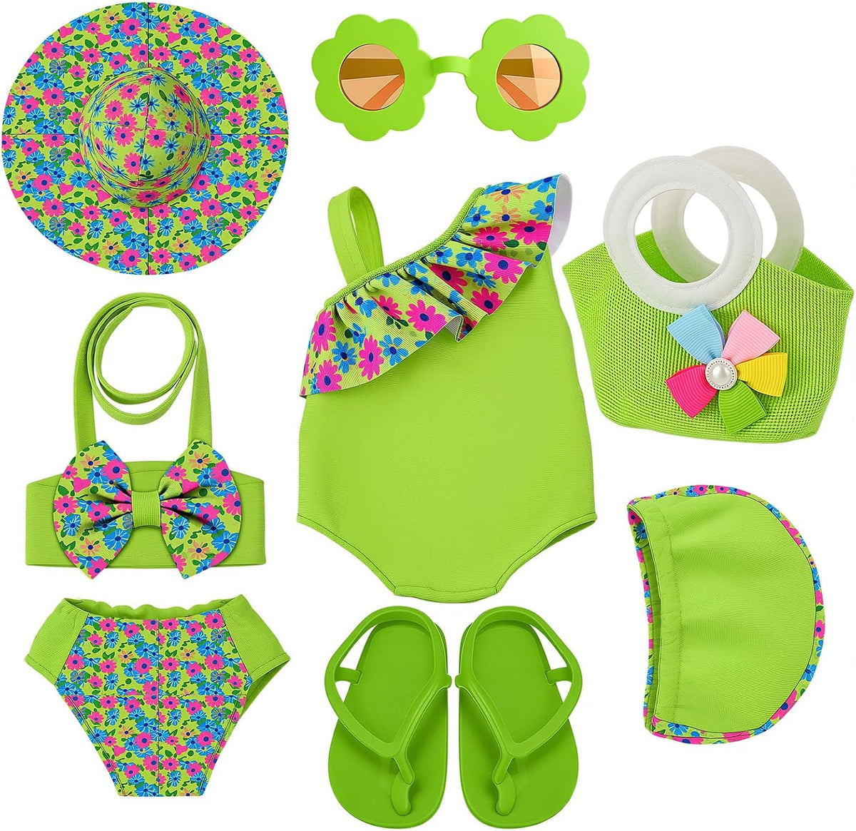 Kajaia 8 Pcs 18 Inch Doll Clothes and Accessories Summer Dolls Swimsuits Beach Playsets Include Doll Swimsuit Bikini Dress Flip Flops Hat Sunglasses Handbag Swim Accessories for 18 Inch Girl Dolls