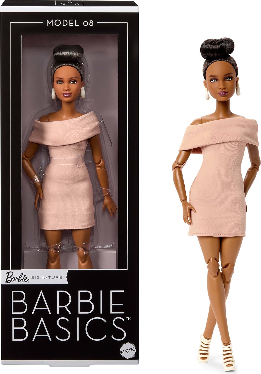 Barbie Basics Model Collector Fashion Doll 06 with Brunette Hair, Shimmery Golden Skirt & Halter, Universal-fit Fashions, Posable Body