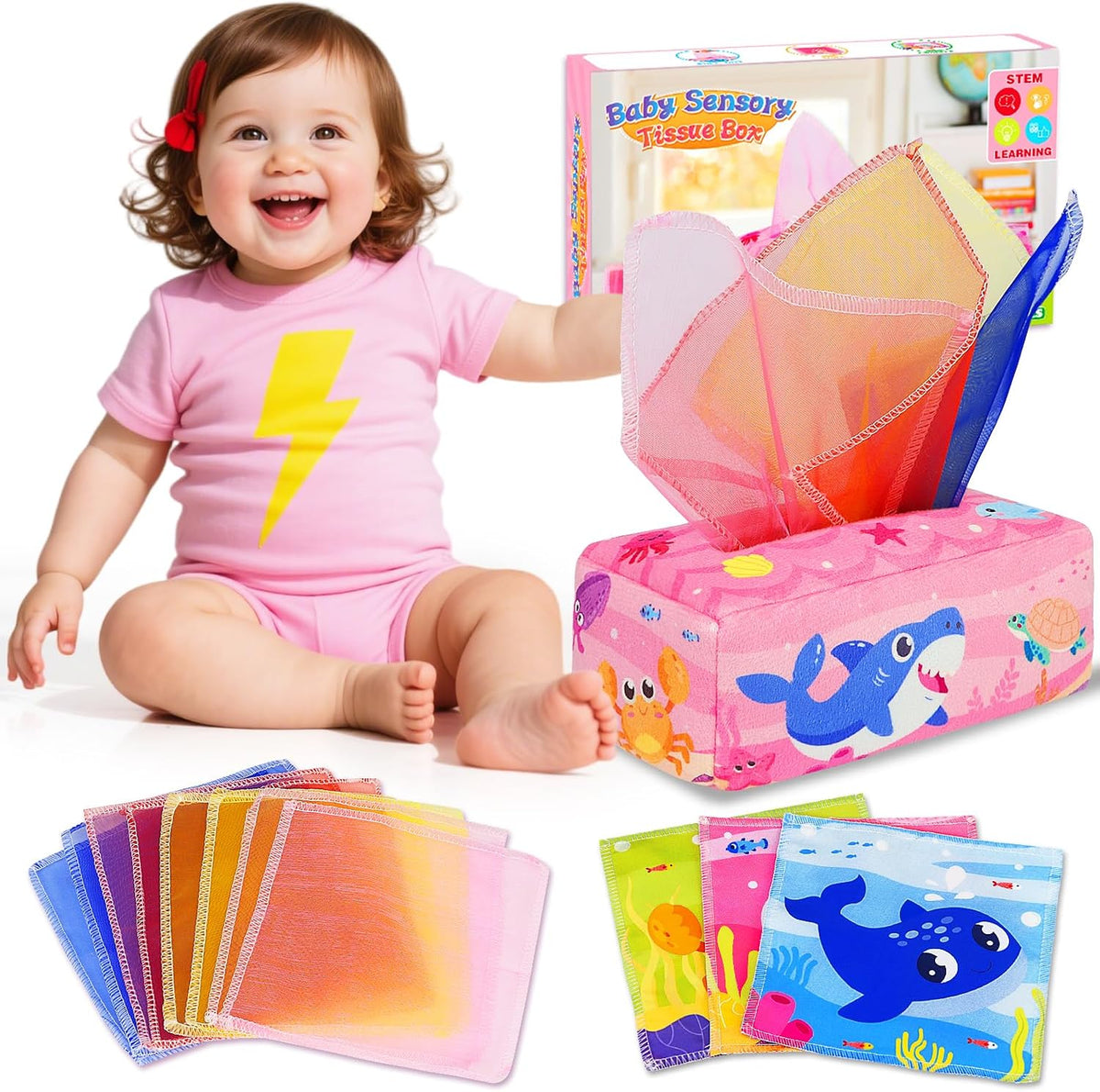 Baby Toys 6-12 Months: Baby Tissue Box 6 Month Old Montessori Toy | Pulling Play Scarf Soft Box with Crinkle Paper - Infant Sensory Toy for Babies 7 8 9 10 Month Old 1st Birthday Boy Girl Gifts