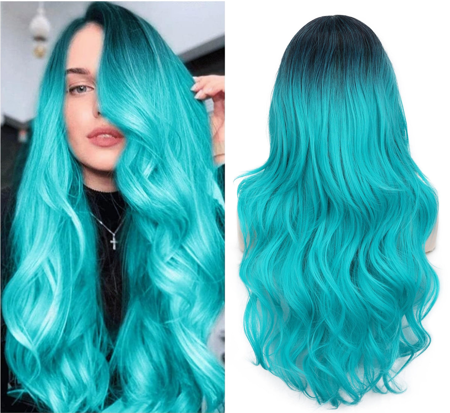 Fave Ombre Bluish Green Wig Long Wavy Side Part Wig Heat Resistant Synthetic Hair Teal Blue Wig Mermaid Wigs For Women (Ombre Bl