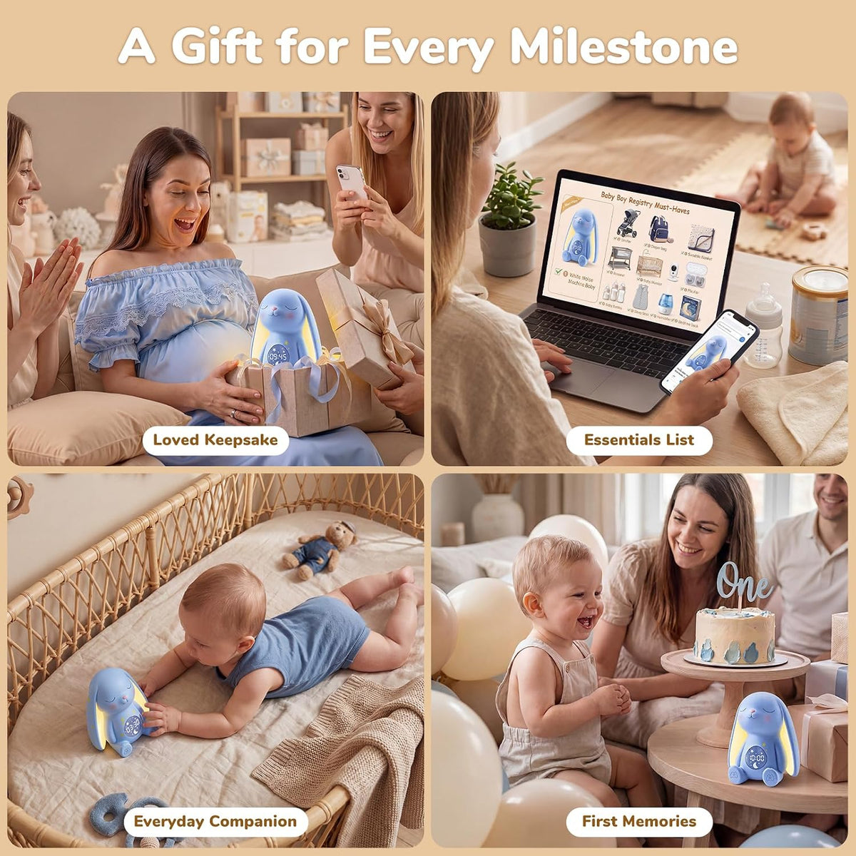 MeWaii Bunny White Noise Sound Machine, Newborn Baby Boy Gift, 100+ Sounds | Mom's Choice Award, AI Cry Detection, Full App Access Control, Night Light, Baby Shower Gifts for Boys, Nursery Essentials