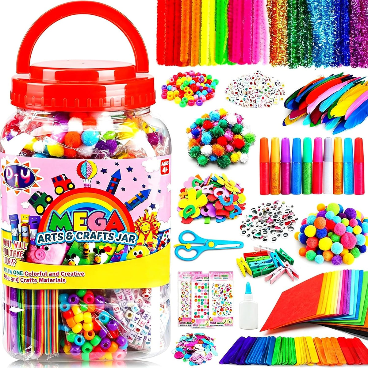 FUNZBO Arts and Crafts Supplies for Kids - Toddler DIY Craft Set | with Glitter Glue Sticks, Pipe Cleaners, Pom Poms , Popsicle Sticks Tools for School, Birthday Gifts for Boys & Girls Ages 4+