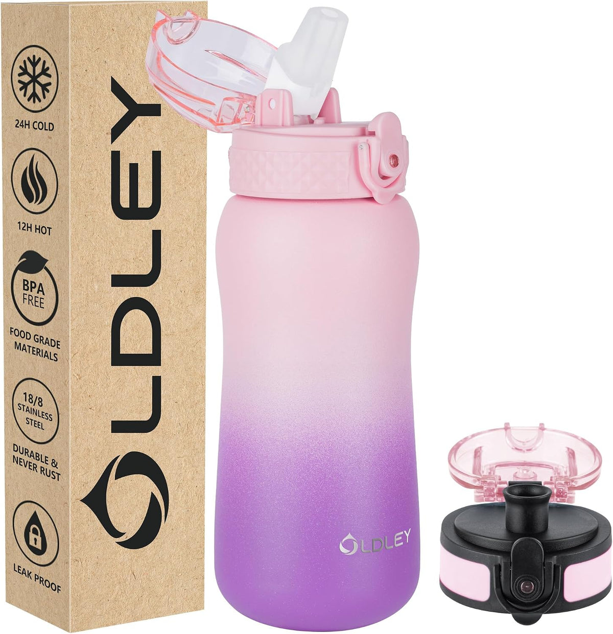 Oldley Insulated Water Bottle 20oz for Adults Kids Stainless Steel Water Bottles with Straw/Chug/Carabiner 3 Lids Fruit Strainer Double Wall Vacuum Wide Mouth BPA Free Leak-Proof for School Travel