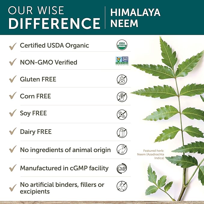 Himalaya Organic Neem Herbal Skin Supplement, Mild Acne Supplement, Clear Skin, Purifying, Ayurvedic, USDA Certified Organic, Non-GMO, Vegan, 600 mg, 60 Plant-Based Caplets, 60 Day Supply