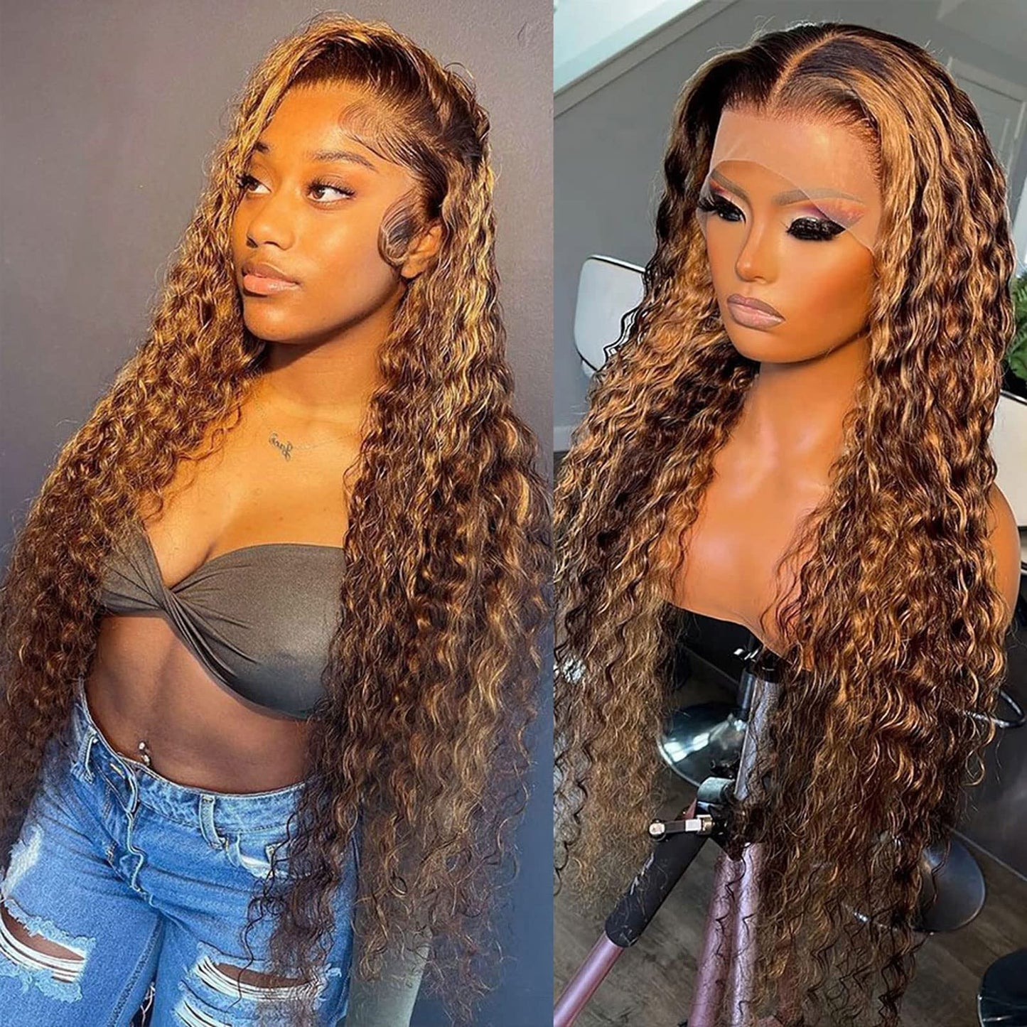 Highlight Ombre 13X4 Lace Front Wig Human Hair Honey Blonde Deep Curly Frontal Wig For Women 180% Density Pre Plucked With Baby