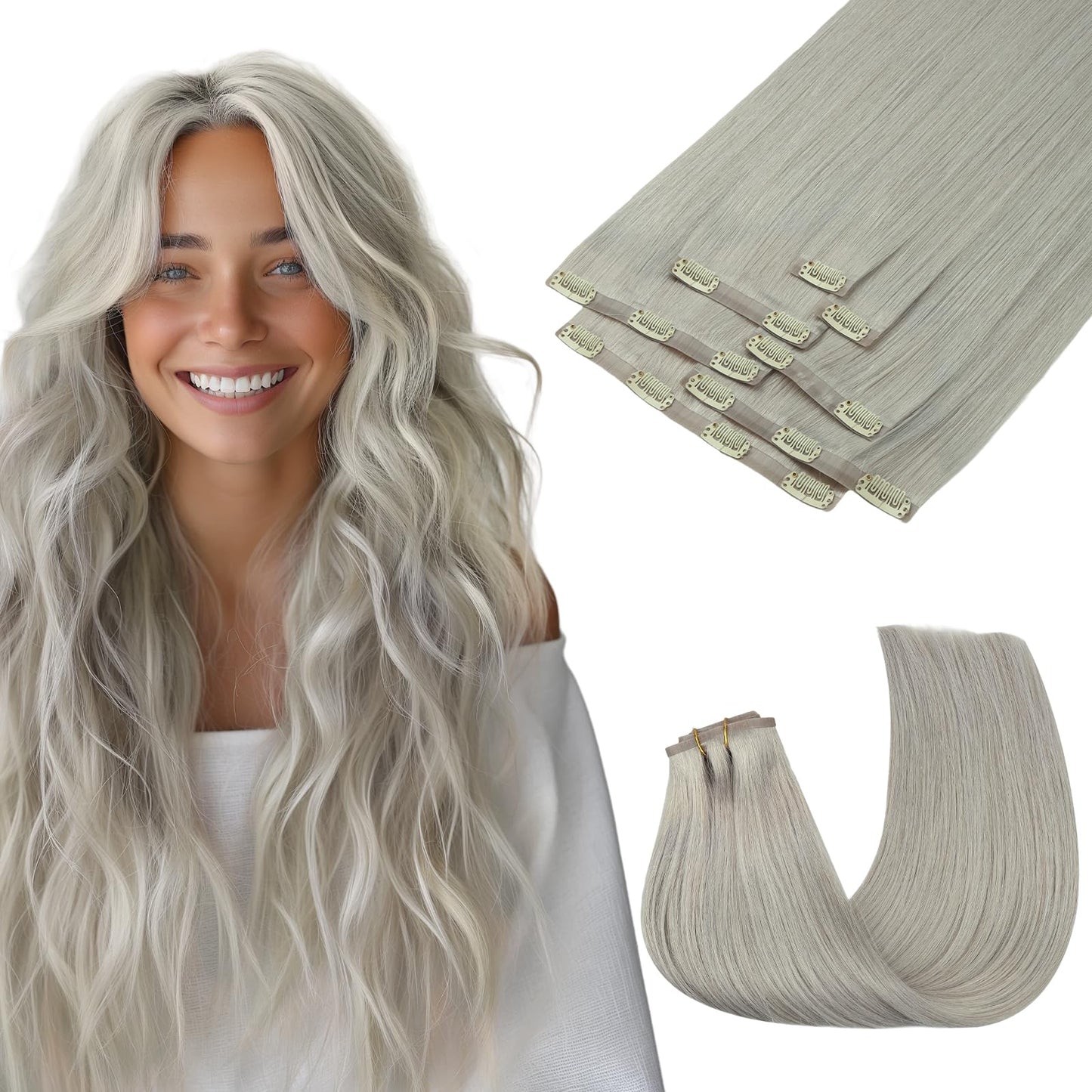 Maxita Clip In Hair Extensions Real Human Hair,130G 7Pcs Silver Gray 16 Inch,Remy Clip In Hair Extensions Seamless Clip In Exten