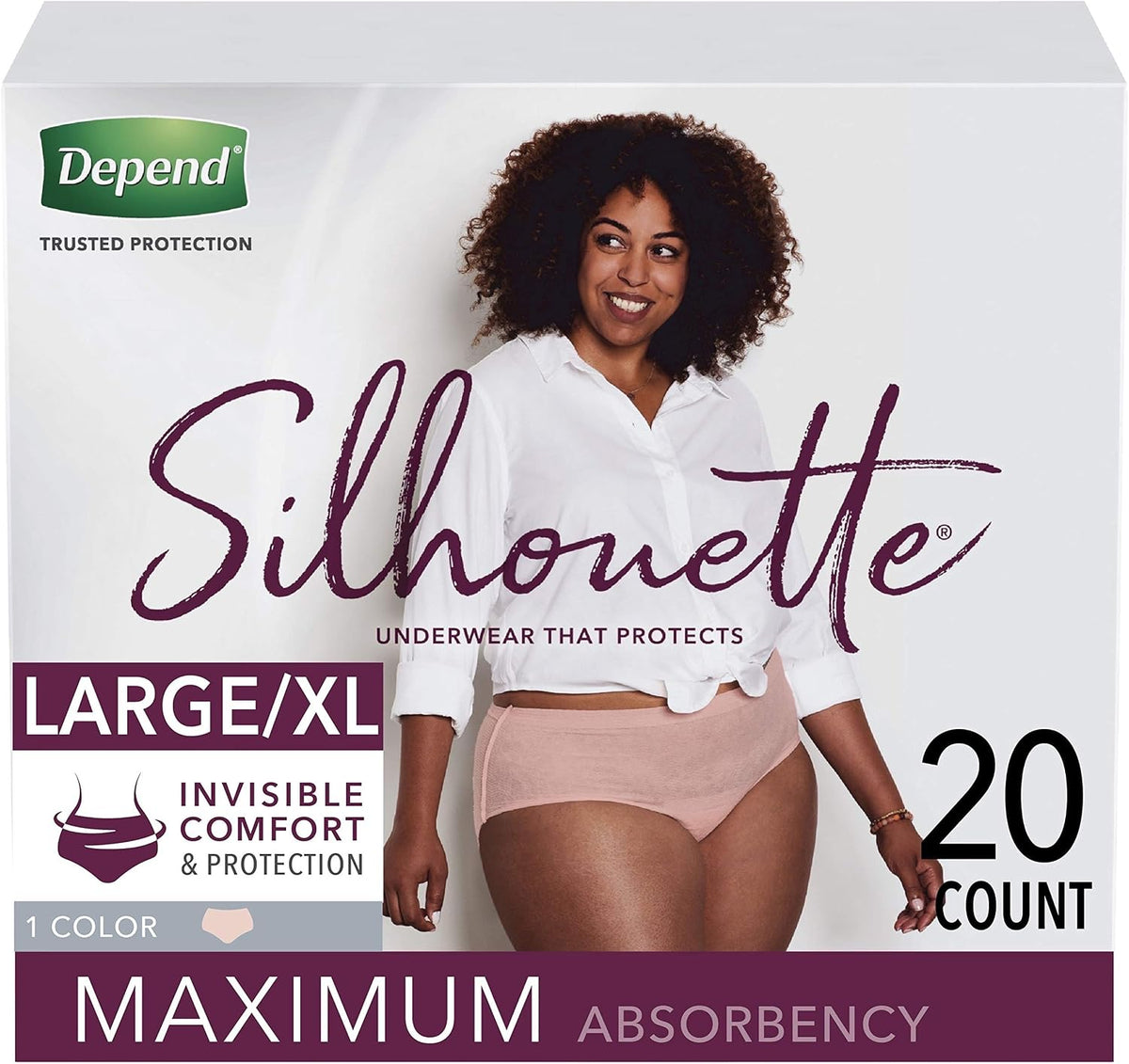 Depend Silhouette Adult Diapers, Incontinence & Postpartum Bladder Leak Underwear for Women, Maximum Absorbency, Large, Pink, 52 Count (2 Packs of 26), Packaging May Vary