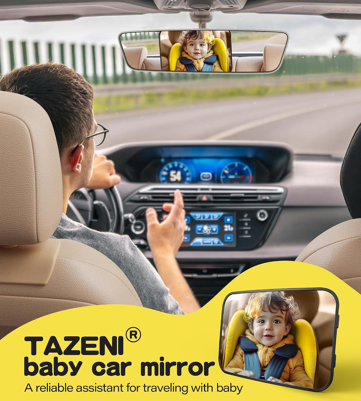 TAZENI Car Mirror for Baby for Rear-Facing Car Seat, Ultra Stable Hook Clip | Shatterproof, 360° Adjustable View Angle, Super Stable Car Seat Mirror for Baby, Black
