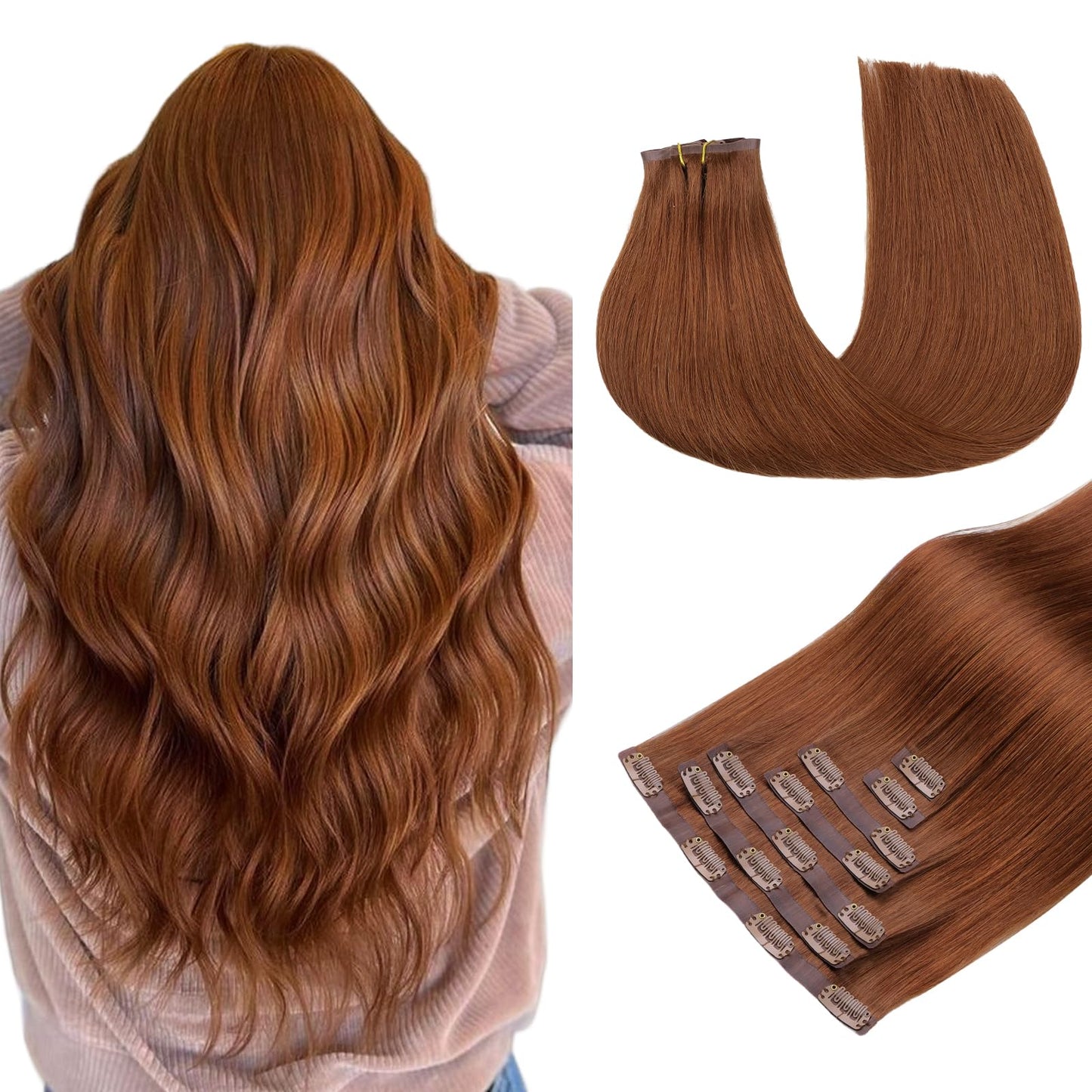 Maxita Clip In Hair Extensions Real Human Hair,110G 7Pcs Bronzed Amber 20 Inch,Seamless Hair Extensions Clip In Human Hair Strai