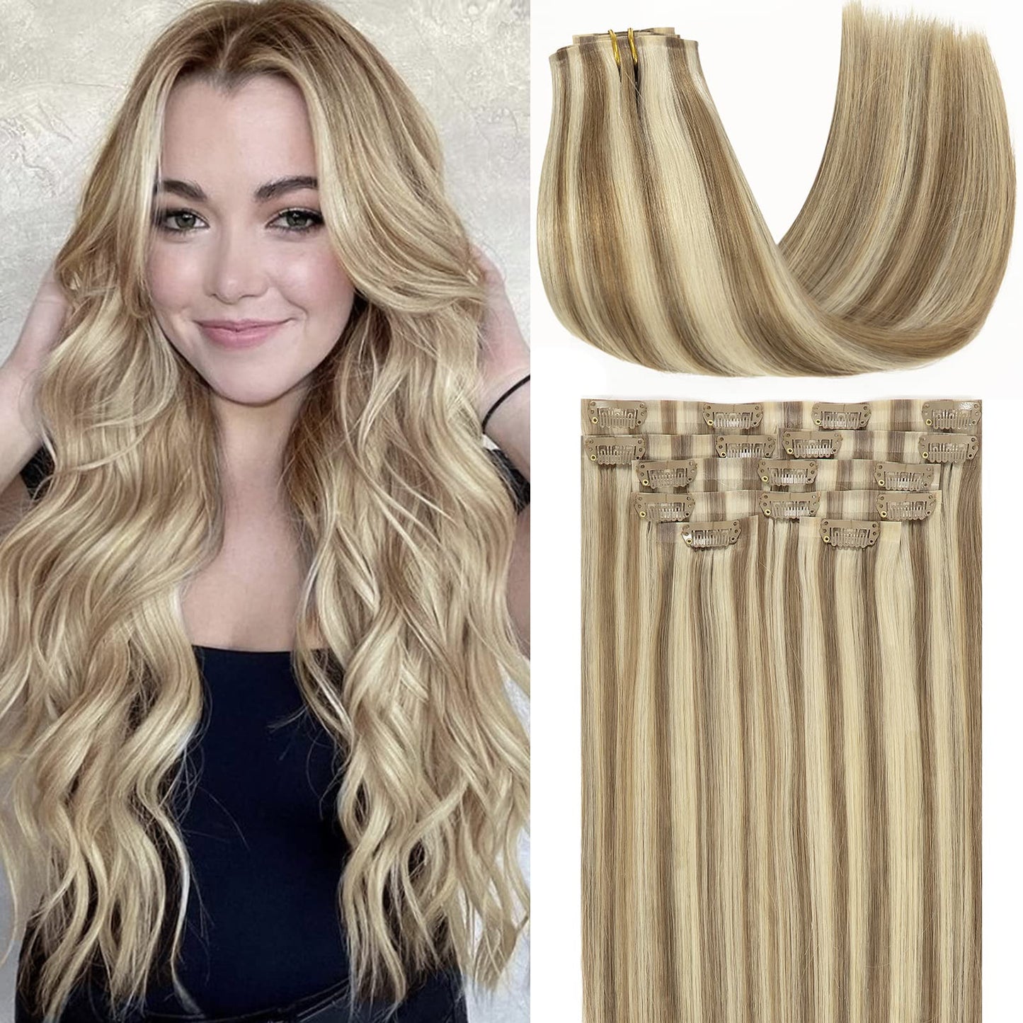 Loxxy Blonde Clip In Hair Extensions Real Human Hair Balayage Light Ash Brown Mixed With Platinum Blonde Remy Seamless Hair Exte