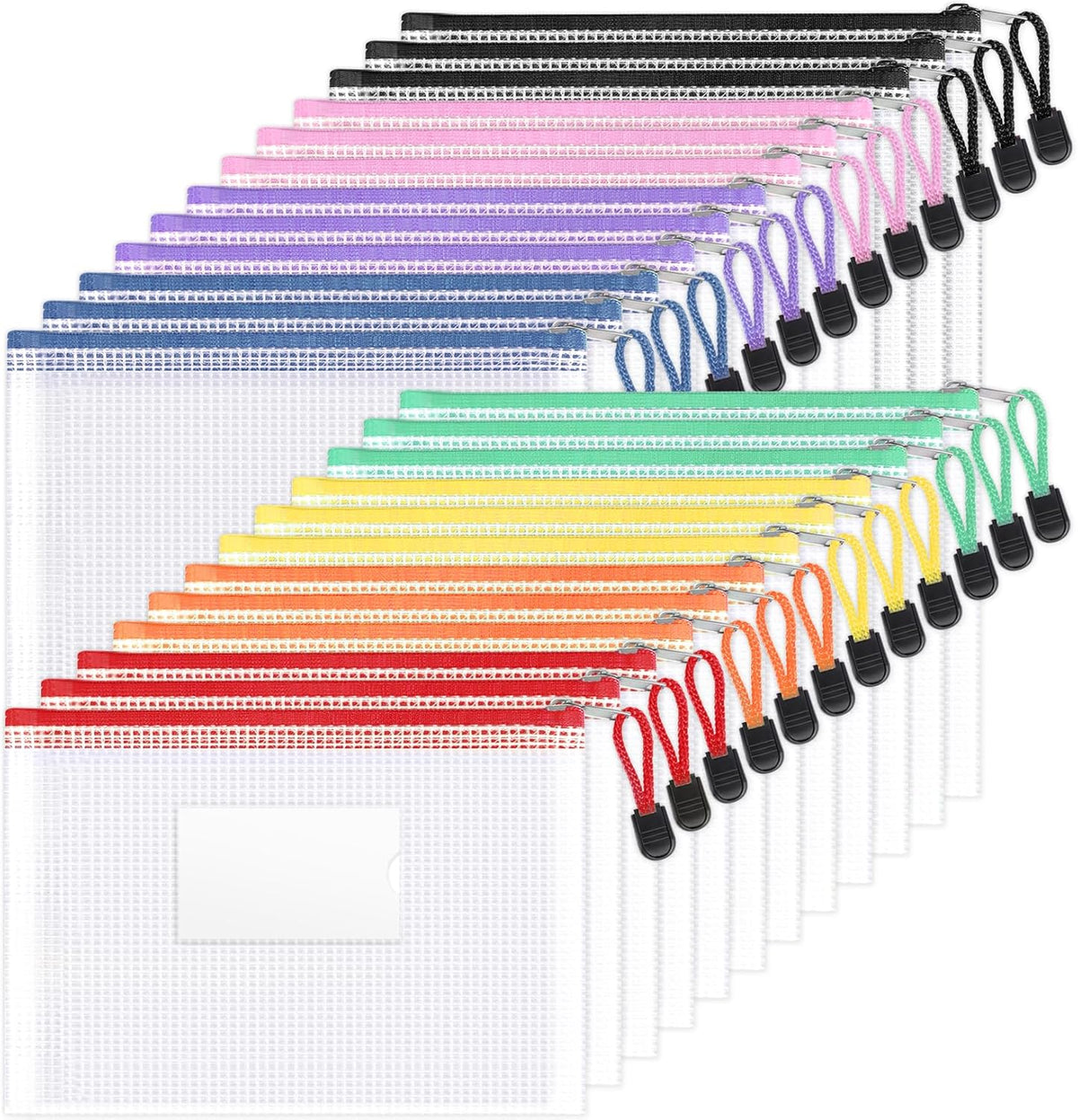 Sooez 24 Pack Mesh Zipper Pouch Bags with Label Pocket, A6 (9.1×4.7 in) Small Pencil Case Pouch for Organizing, Clear Plastic Pencil Pouches Bulk for School Supplies Storage, Money Envelopes for Cash