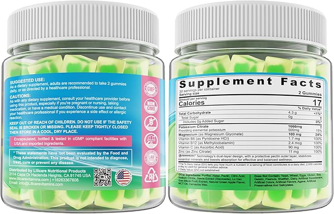 Potassium Citrate Gummies 1666mg for Adults - Potassium Supplement, Magnesium Glycinate, Zinc, B6, B12 & C â Electrolyte Gummies for Energy, Muscle Recovery & Leg Cramps, Sugar-Free, Vegan 60 Cts