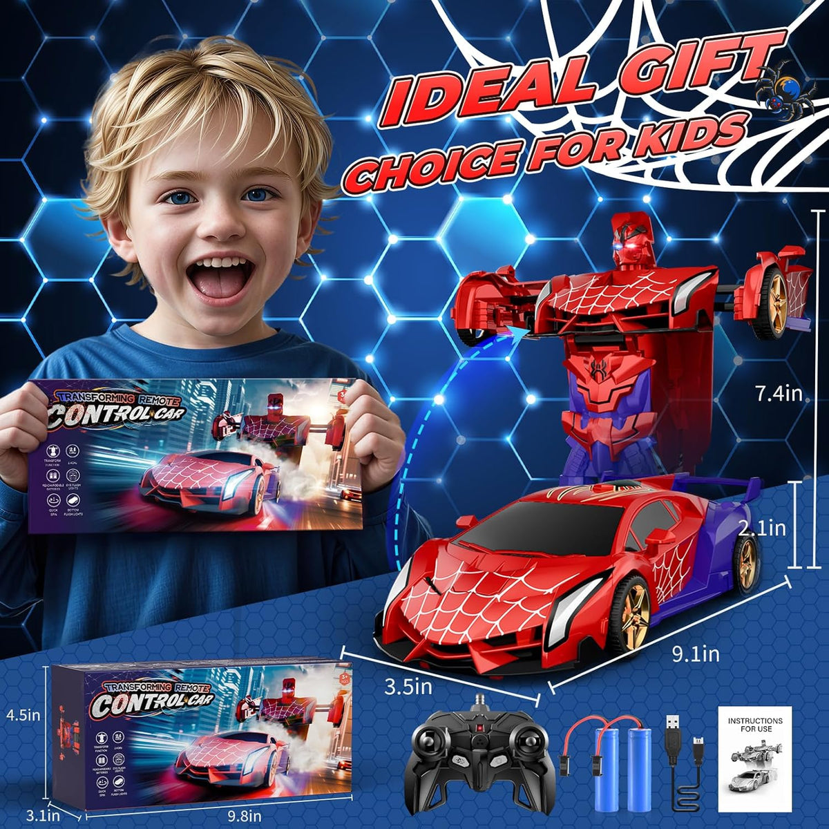 Spider Transform RC Car with Eye & Underbody Lights, 2.4GHz Remote Control, Fast 360°Rotation Robot Toy for Boys 3-12 Years Old