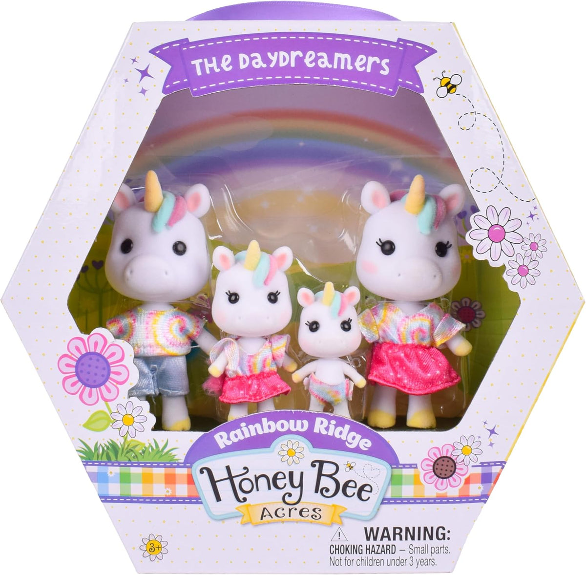 Sunny Days Entertainment Honey Bee Acres Rainbow Ridge Daydreamers Unicorn Family – 4 Miniature Flocked Dolls | Small Fantasy Collectible Figures | Pretend Play Toys for Kids