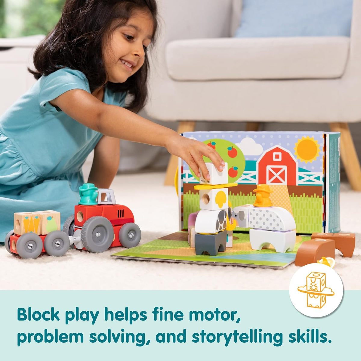 Melissa & Doug Blockables Farm Snap and Play Connectable Wooden Blocks Play Set for Preschoolers (56 Pcs)