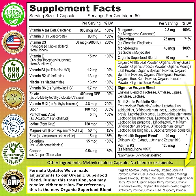 Women's Daily Multivitamin 50 Plus - Vegan Methylated Multivitamin for Women 50 and Over with Biotin, Organic Superfoods & Lutein - Eye, Energy, Gut & Optimal Health Support - Easy to Swallow Capsules
