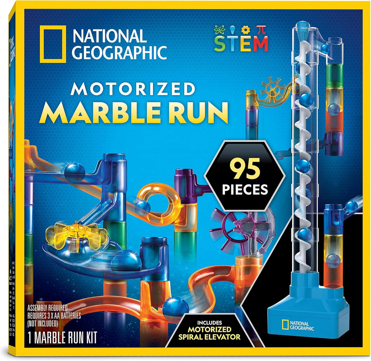 National Geographic 150-piece marble maze kit with motorized spiral lift, 30 marbles, and storage bag for kids physics toys